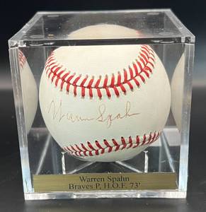 lot 16 image: Warren Spahn Signed Baseball Rawlings ONLB Ball w cube and plaque