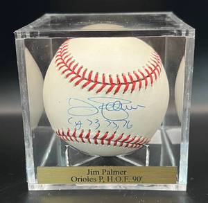 lot 18 image: Jim Palmer Signed and Inscribed Cy 73, 75, 76 Baseball Rawlings OMLB Selig Ball w cube and plaque