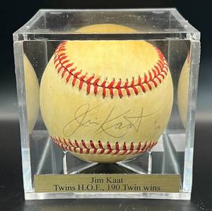 lot 19 image: Jim Kaat Signed Baseball Rawlings OALB Brown Ball Minnesota Twins w cube and plaque