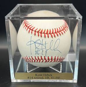 lot 21 image: Kent Hrbek Signed Baseball Rawlings OALB Budig Ball Minnesota Twins w cube and plaque