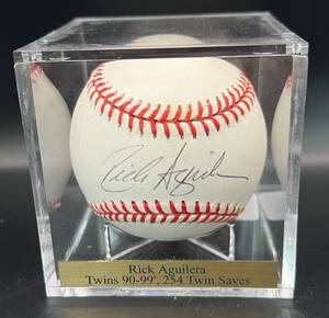 lot 24 image: Rick Aguilera Signed Baseball Rawlings OALB Budig Ball Minnesota Twins w cube and plaque