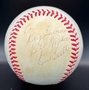 lot 29 image: Earl Battey Signed Baseball OALB Brown Ball Minnesota Twins w cube and plaque