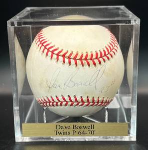 lot 35 image: Dave Boswell (Minnesota Twins Pitcher 1964-70) Signed Baseball Rawlings OALB Budig Ball w cube and plaque