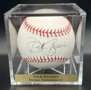 lot 36 image: Dick Bremer (Minnesota Twins Announcer) Signed Baseball Rawlings OMLB Selig Ball w cube and plaque