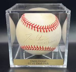 lot 48 image: Darin Erstad Signed and Inscribed 1995 #1 Draft Pick Baseball Rawlings OALB Budig Ball w cube and plaque