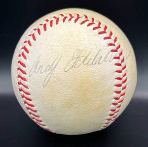 lot 49 image: Andy Etchebarren (Baltimore Orioles Catcher and Aberdeen Pheasants Early 1960s) Signed Vintage Spalding Baseball w cube and plaque