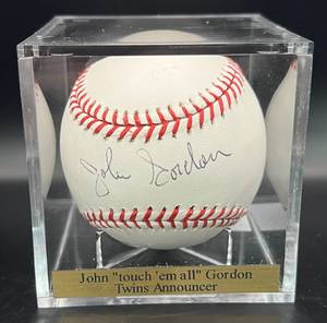lot 55 image: John Touch Em All Gordon (Minnesota Twins Announcer) Signed Baseball Rawlings OMLB Ball w cube and plaque