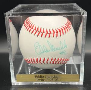 lot 56 image: Eddie Guardado (Minnesota Twins Pitcher 1993-2003) Signed Rawlings OMLB Baseball w cube and plaque