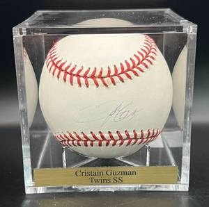 lot 58 image: Christian Guzman (Minnesota Twins SS) Signed Rawlings OMLB Selig Baseball w cube and plaque
