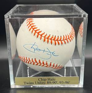 lot 60 image: Chip Hale (Minnesota Twins Utility 1993-96) Signed Rawlings OALB Budig Cal Ripken Jr. Iron Man Special Edition Baseball w cube and plaque