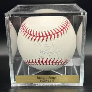 lot 66 image: Jacque Jones (Minnesota Twins OF) Signed Rawlings OMLB Selig  Baseball w cube and plaque