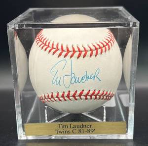 lot 70 image: Tim Laudner (Minnesota Twins Catcher 1981-89) Signed Rawlings OMLB Selig  Baseball w cube and plaque