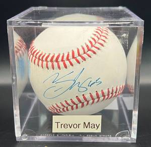 lot 77 image: Trevor May (Minnesota Twins Pitcher ) Signed Rawlings OMLB Selig  Baseball w cube and plaque