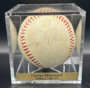 lot 79 image: George Mitterwald (Minnesota Twins Catcher 1966-1973) Signed Vintage Spalding Baseball  w cube and plaque