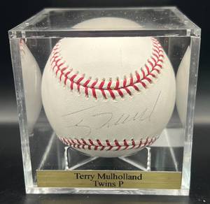 lot 80 image: Terry Mulholland (Minnesota Twind Pitcher) Signed Rawlings OMLB Selig Baseball w cube and plaque