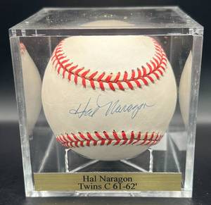 lot 82 image: Hal Naragon (Minnesota Twins Catcher 1961-62) Signed Rawlings OALB Budig Baseball w cube and plaque