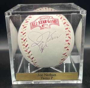 lot 83 image: Joe Nathan (Minnesota Twins Pitcher) Signed 2004 All-Star Game Official Ball Rawlings Selig Baseball w cube and plaque