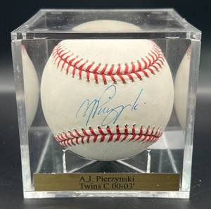 lot 89 image: A.J. Pierzynski (Minnesota Twins Catcher 2000-2003) Signed Rawlings OMLB Selig Baseball w cube and plaque