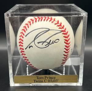 lot 90 image: Tom Prince (Minnesota Twins Catcher 2001-2003) Signed Rawlings ONLB White Baseball w cube and plaque