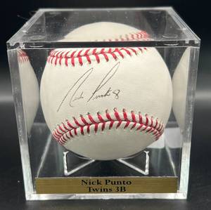 lot 91 image: Nick Punto (Minnesota Twins 3B) Signed Rawlings OMLB Selig Baseball w cube and plaque