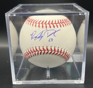 lot 94 image: Randy Dobnak (Minnesota Twins Pitcher) Signed Rawlings OMLB Manfred Baseball w cube