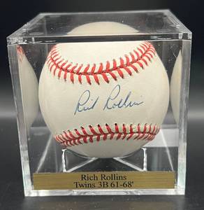 lot 100 image: Rich Rollins (Minnesota Twins 3B 1961-68) Signed Rawlings OALB Brown Baseball w cube and plaque