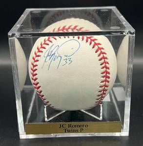 lot 101 image: JC Romero (Minnesota Twins Pitcher) Signed Rawlings OMLB Baseball w cube and plaque