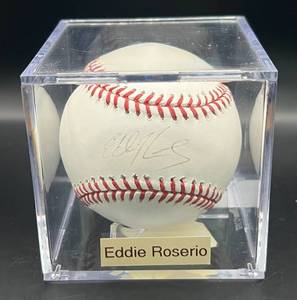 lot 102 image: Eddie Rosario (Minnesota Twins OF) Signed Rawlings OMLB Selig Baseball w cube and plaque