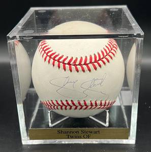 lot 107 image: Shannon Stewart (Minnesota Twins OF) Signed Rawlings OALB Budig Baseball w cube and plaque