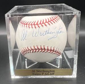 lot 115 image: Al Worthington (Minnesota Twins Pitcher 1964-69) Signed Rawlings OMLB Selig Baseball w cube and plaque