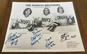 lot 9A image: Hanson Brothers Signed 8x10 Photo - From Slap Shot Hockey Movie - Jeff Carlson, Dave Hanson, Steve Carlson