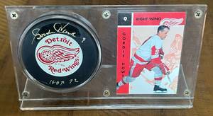 lot 22A image: Gordie Howe Signed Hockey Puck Inscribed HOF 72 with Display and Card - Vintage Detroit Red Wings Hockey
