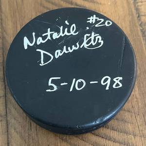 lot 35A image: Natalie Darwitz Signed Hockey Puck w JSA COA - University of Minnesota Hockey