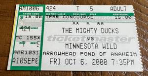 lot 4B image: Minnesota Wild 1st Ever Game and Marian Gaborik Debut Ticket Stub - RARE - October 6, 2000 vs. Mighty Ducks