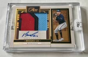 lot 11B image: Brooks Lee 10 RPA RC - Jumbo Relic Numbered 0410 RARE - 2024 Three and Two Prospect Jersey Autographs #PJA-LB, Minnesota Twins Baseball Card