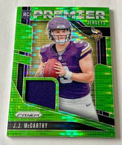 lot 14B image: JJ. McCarthy RC Relic Prizm 2024 Premier Jerseys #PJ-JJM Rookie Minnesota Vikings Football Card