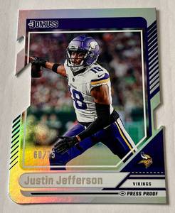 lot 27B image: Justin Jefferson 75 Die Cut Foil SP 2024 Donruss #215, numbered 6075, Minnesota Vikings Football Card