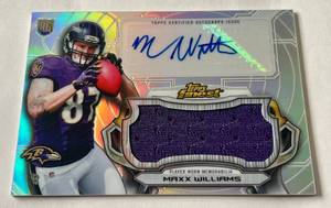 lot 211 image: Maxx Williams RPA Auto Game-Work Relic 2015 Topps Finest Refractor #RJRR-MW Football Card
