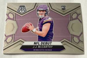 lot 230 image: J.J. McCarthy RC 2024 Panini Mosaic NFL Debut #275 Minnesota Vikings Football Card