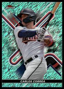 lot 180A image: Carlos Correa Numbered 125 Refractor 2022 Finest Aqua Shimmer Refractor #55 Minnesota Twins Baseball Card