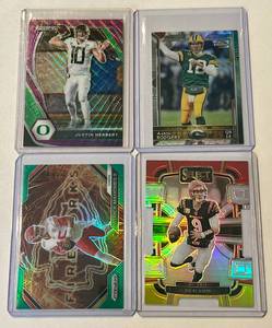 lot 141A image: 4-Card Superstar QB Lot - Patrick Mahomes, Joe Burrow, Justin Herbert, Aaron Rodgers Football Cards