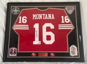 Joe Montana Signed Custom Framed Jersey - Triple Certified Auto (Including PSA DNA) in Beautiful 41.5x33.5" Custom Frame w/ 4 Super Bowl Logo Patch, Custom Plaque and Matting