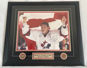 Mario Lemieux Signed Photo - Gretzky COA, Custom 29x26" Framed w/ Canada Olympic Medallions, Plaque, Matting - BEAUTIFUL!!
