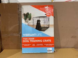 lot 128 image: Vibrant Life Double Door Metal Wire 42 Dog Crate, Leak-Proof Pan & Divider for Dogs Up to 90 lbs
