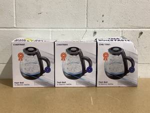 lot 530 image: LOT OF 3 Chefman 1L Electric Glass Kettle w LED Indicator Light, Automatic Shutoff