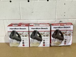 lot 539 image: LOT OF 3 Hamilton Beach 6 Speed Performance Hand Mixer, Includes Case, 5 Attachments, Stainless Steel