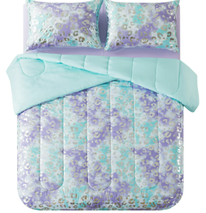 lot 302 image: Your Zone Metallic Foil Cheetah Full Bedding Set for Kids, Purple, 7 Pieces with Storage Bag, Child, Unisex