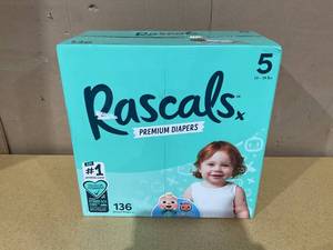 lot 192 image: Rascals Premium Absorbent Baby Diapers Size 5, 136 Count