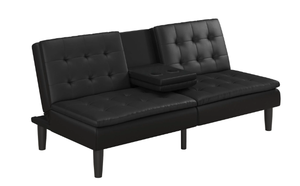 lot 520 image: Mainstays Memory Foam PillowTop Futon with Cupholder, Black Faux Leather