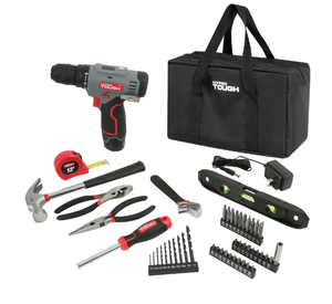 lot 649 image: Hyper Tough 12V Max Cordless 38-inch Drill Driver 50-Piece Project Kit with 1.5Ah Lithium-Ion Battery, Charger, and Storage Bag
